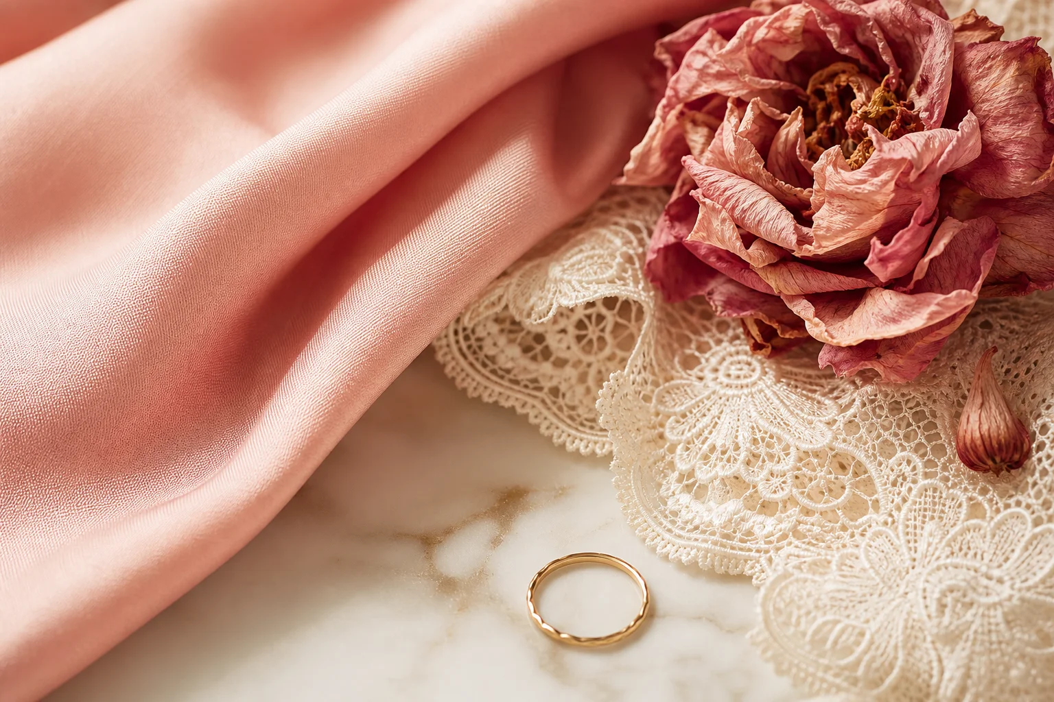Close-up of fabrics, lace, and jewelry details