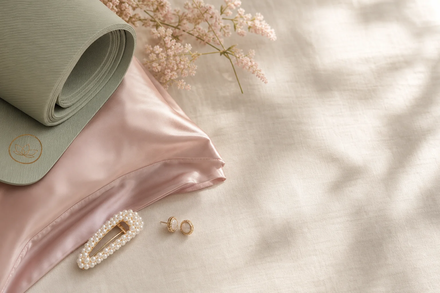 Lifestyle flatlay of yoga mats, bedding, and accessories